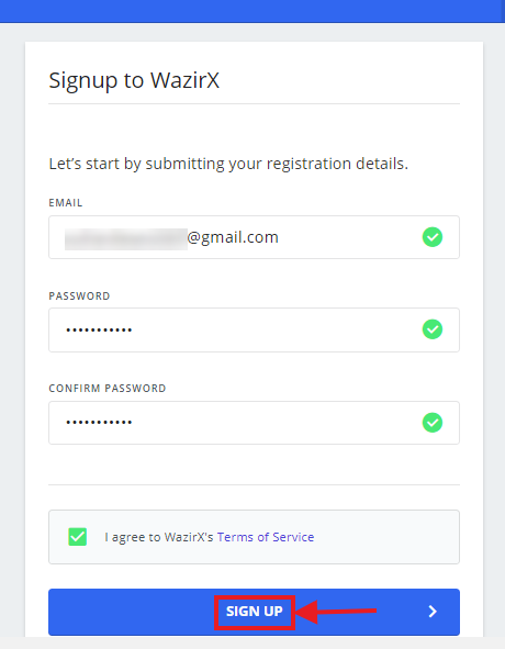WazirX - جزئیات را برای ایجاد حساب پر کنید