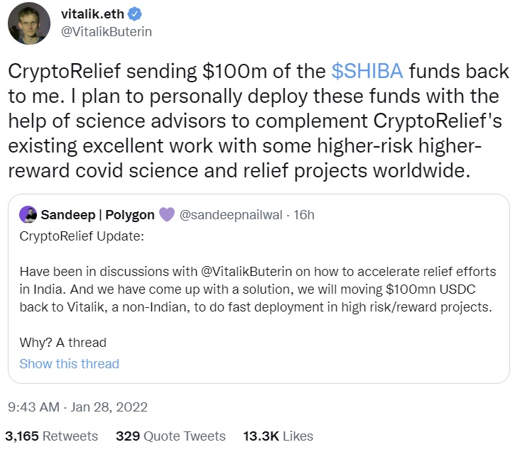 Vitalik Buterin از 100 میلیون دلار از بودجه SHIB شرکت Crypto Relief برای تسریع تلاش های امداد کووید در هند استفاده می کند.